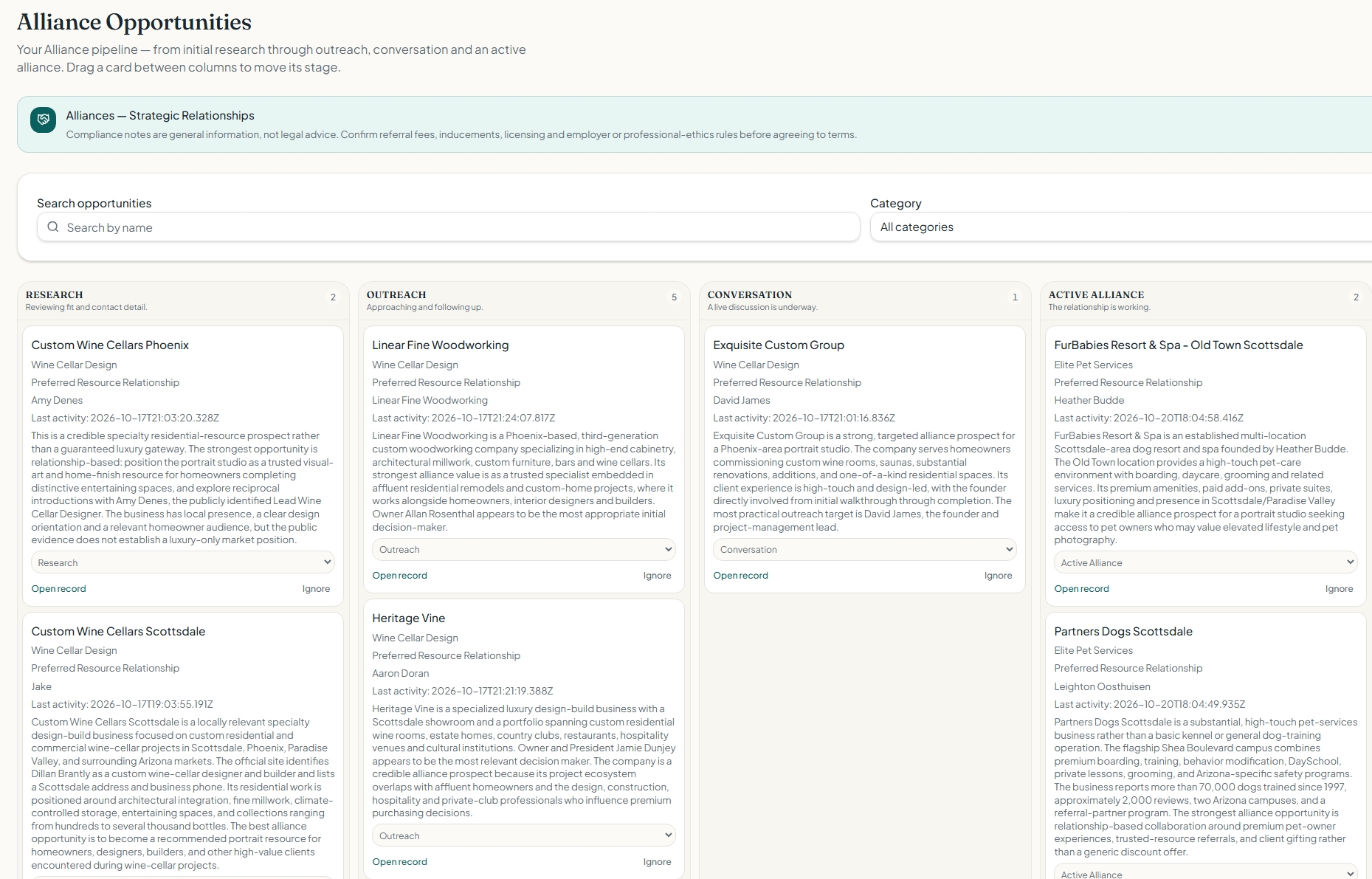 AffluentReach Alliance Opportunities board with stages from research through active alliance