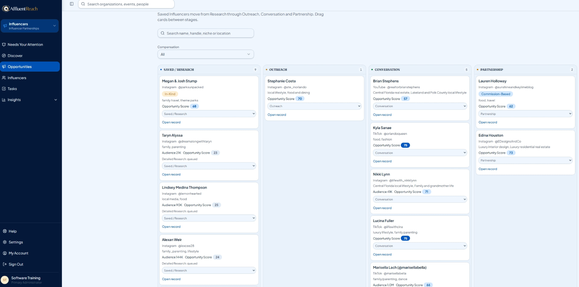AffluentReach Influencer Opportunities board with stages from saved through partnership