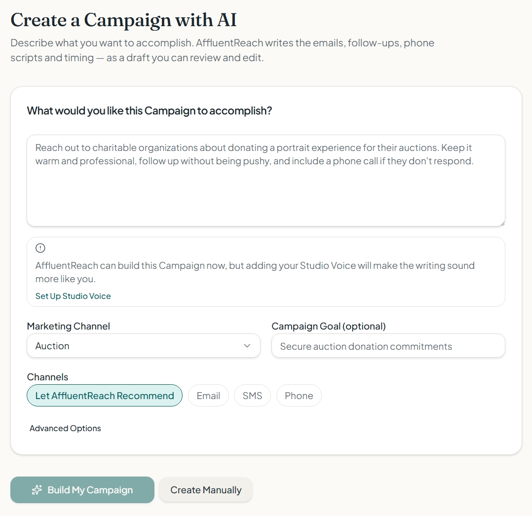 AffluentReach Campaign builder showing an AI-assisted outreach sequence, follow-up timing and Studio Voice tone guidance