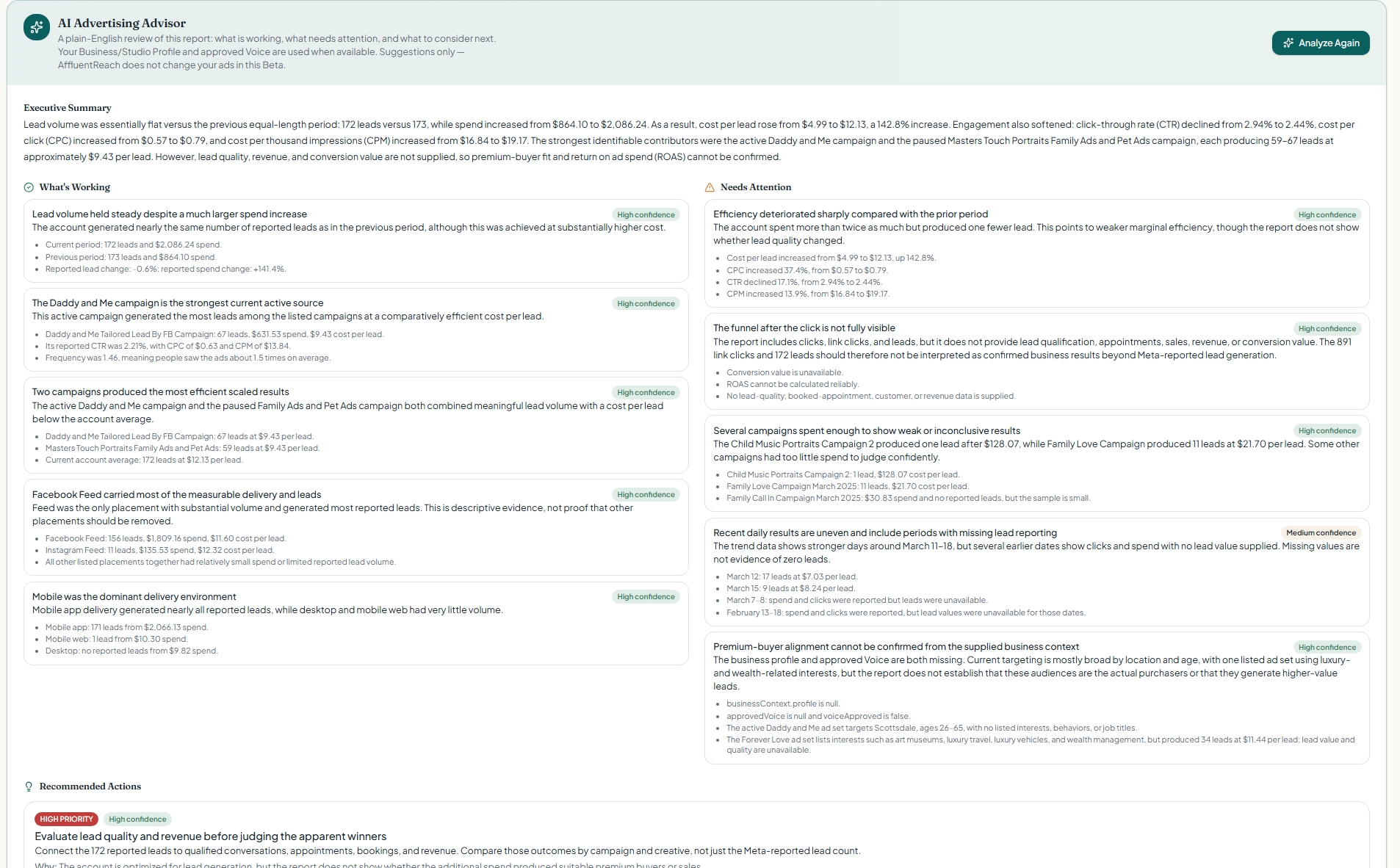 AffluentReach AI Advertising Advisor intelligence summary with executive summary, what is working, needs attention and recommended actions